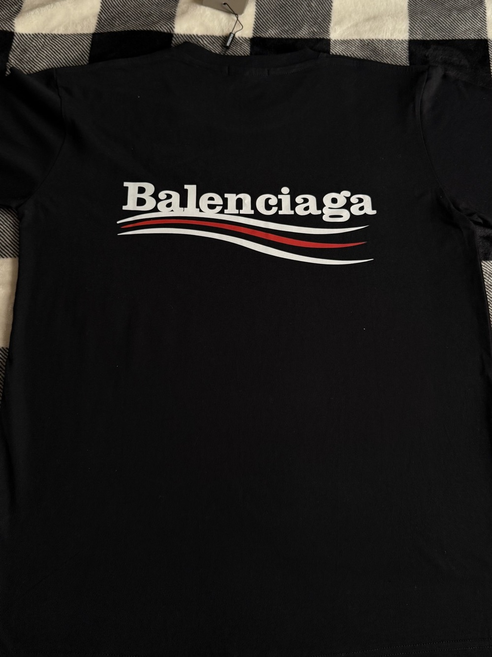 Black Tee with White Logo and Red Accent Waves
